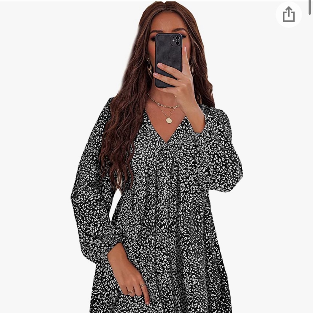 Women's V Neck Long Sleeve Flared Boho Dress